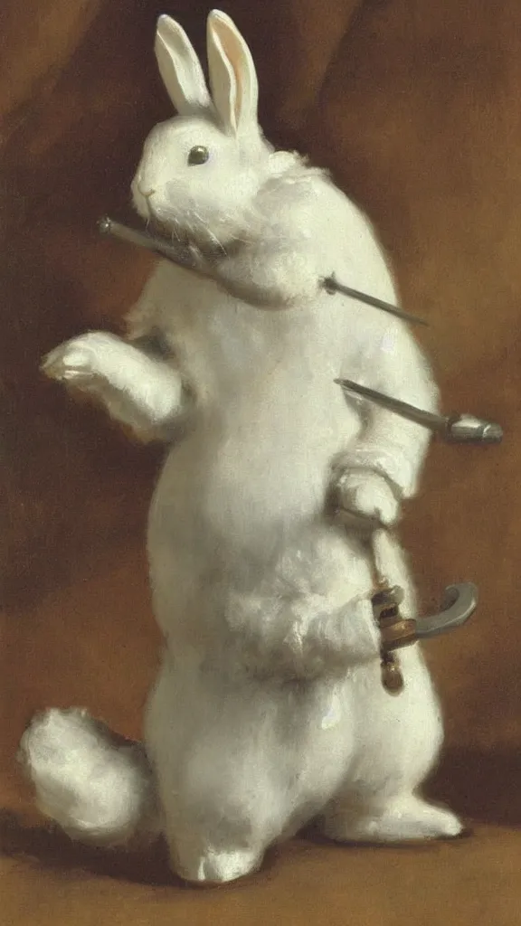 Image similar to a porcelain old rabbit with beard having a japanese kiseru pipe painted by john singer sargent