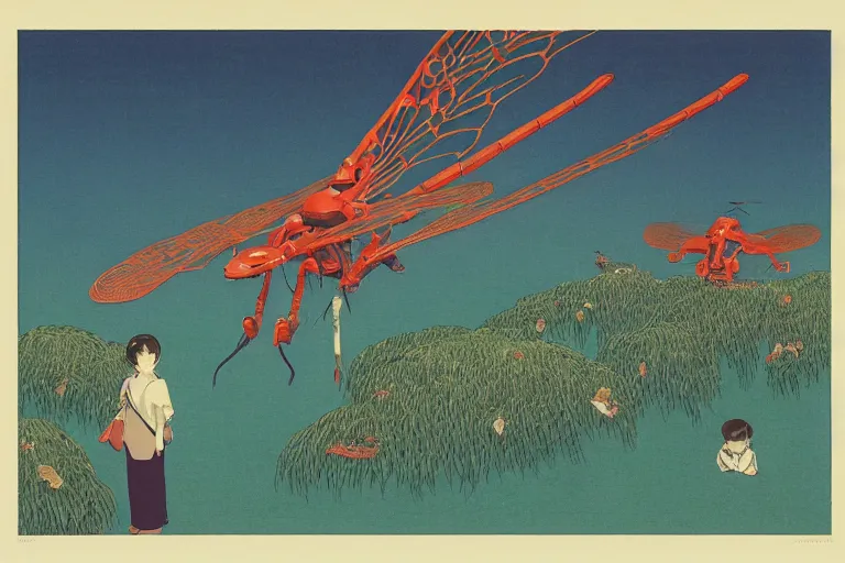 Image similar to gigantic dragonflies with human faces catch tiny planes, a lot of exotic mechas robots around, human heads are all over the ground, risograph by kawase hasui, dirtyrobot, edward hopper, satoshi kon and moebius, colorful flat surreal design, super - detailed, a lot of tiny details, fullshot