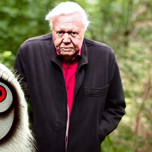 Prompt: Sir David Attenborough next to a red-eyed Mothman