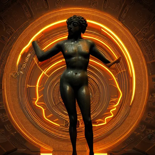 Prompt: a renaissance statue surrounded by a 3 d neon ring 3 d render, black background, ray tracing, 8 k resolution, shar focus, hyper detailed, hyper realistic