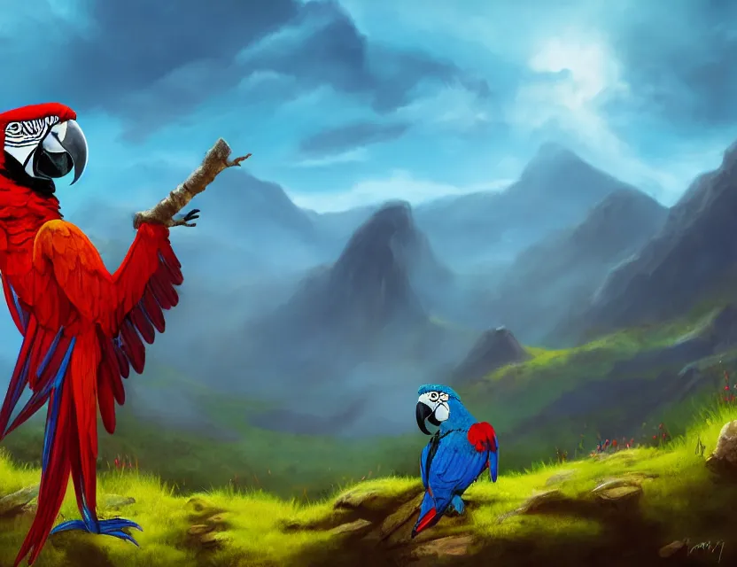 Prompt: macaw alchemist boy in the flowering snowy mountains. complementary colors, indie concept art, luminescent, 4 k, chiaroscuro, backlighting.