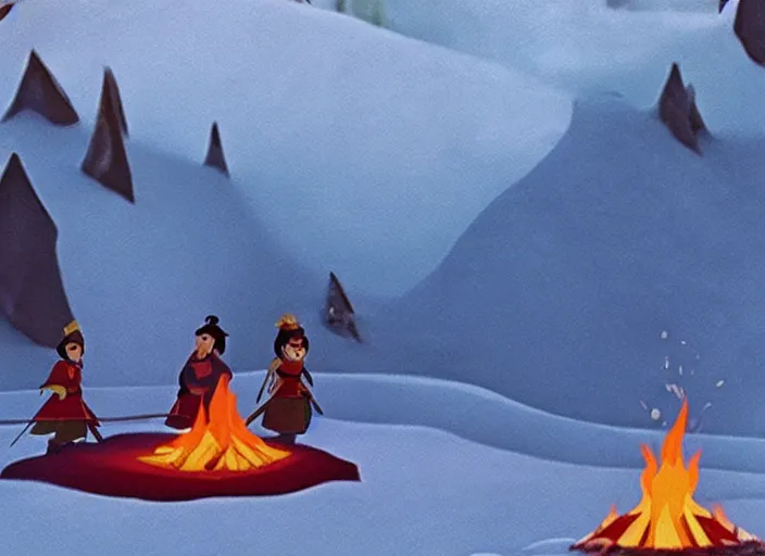 Prompt: tiny smoldering campfire glowing in a stark minimalist frozen creek snowdrift landscape from mulan ( 1 9 9 8 )