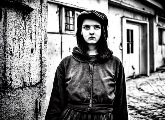 Image similar to 2 0 years old female gopnik, soviet yard, typical russian atmosphere, symmetrical, cinematic, real photography