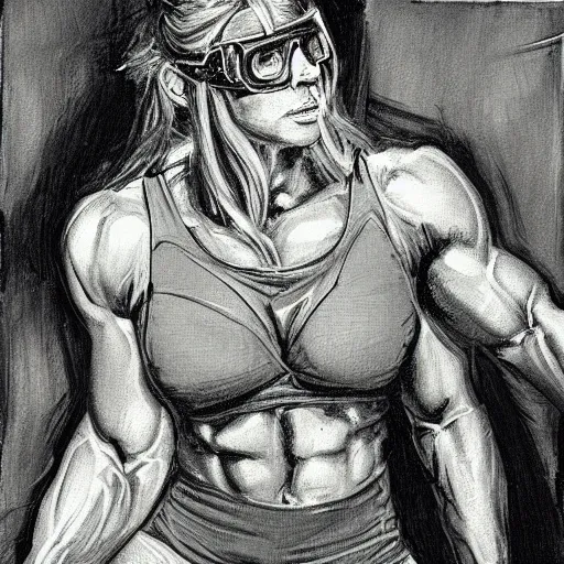 Image similar to portrait of a muscular woman wearing engineer goggles, by jon foster