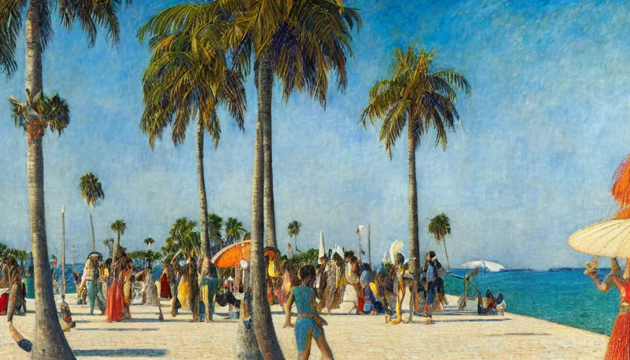 Prompt: a ultradetailed beautiful painting of the megastructure amazonas palace balustrade designed by jules bastien - lepage, tarsila do amaral, frank weston and gustave baumann, beach, trending on artstation, mediterranean, palm trees, sharp focus, colorful refracted sparkles and lines, soft light, 8 k 4 k