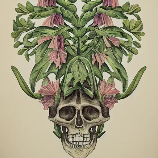 Prompt: the finest lithographic botanical illustration of a floral skeleton, pastel palette, by Elizabeth Twinning