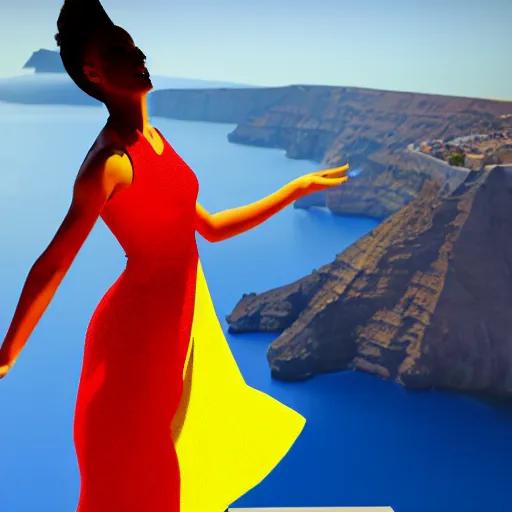 Image similar to beautiful modern dancer wearing a red, yellow, blue swirling dress, standing on a Santorini terrace looking down into the ocean, trending on artstation, cinematic, photorealistic