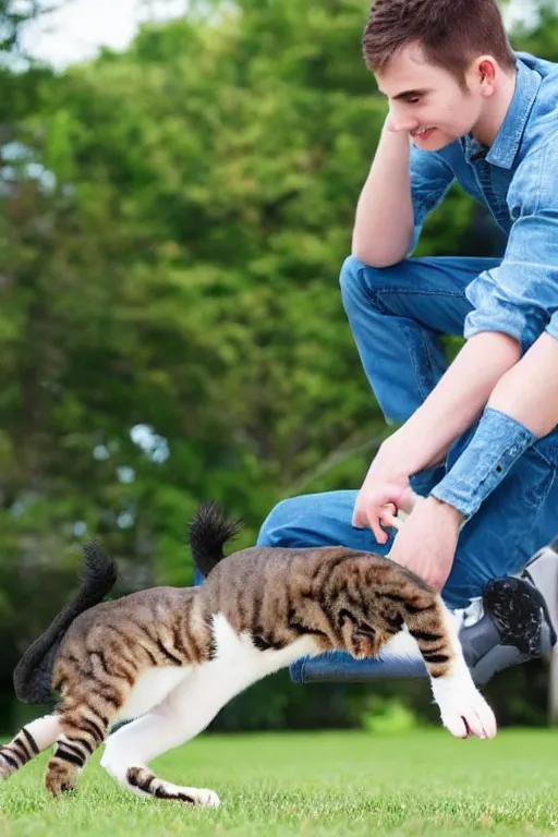 Prompt: a photo of young man falling from walking over a hairless cat