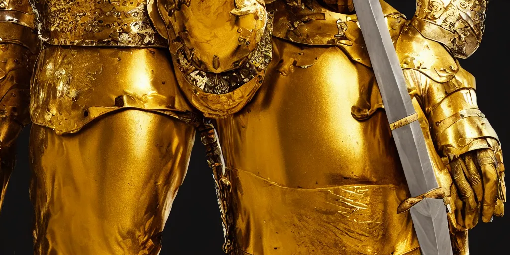Image similar to realistic portrait of a man made of golden armor and a crown, shinning sword, fame, 1450, ink, ultra realistic, 8k