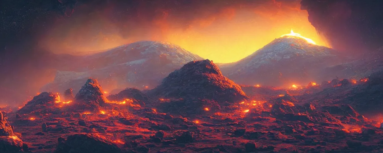 Prompt: ” outer planet with volcanoes, [ art by paul lehr, cinematic, detailed, epic, widescreen, opening, establishing, mattepainting, photorealistic, realistic textures, octane render ] ”