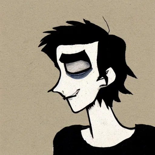 Image similar to young man portrait, black hair, skinny, sleep deprived, corpse bride art style