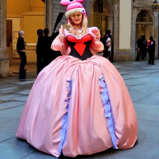 Prompt: a woman cosplaying princess peach in an opera gown