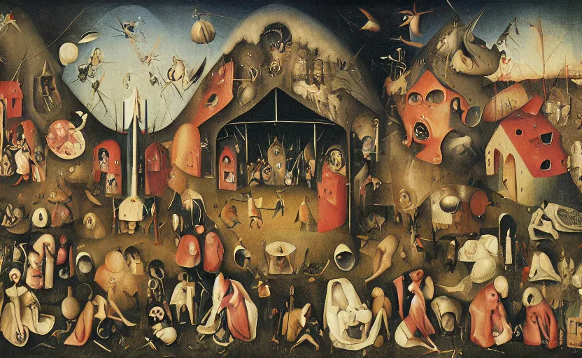 Prompt: my slate theory origin of nonconformity as a surrealistic painting, in the style of hieronymus bosch, digital art, detailed masterpiece