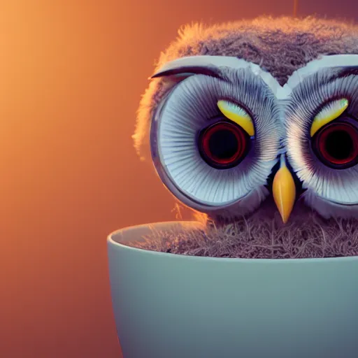 Image similar to long shot of a very cute owl chick nesting in a very futuristic cup, humorous illustration, hyperrealistic, big depth of field, warm colors, night scenery, low light, 3 d octane render, 4 k, conceptart, hyperdetailed, hyperrealistic, trending on artstation