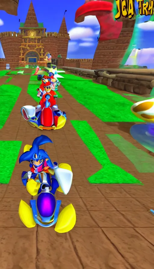 Image similar to shantae racing on mach bike in bowser’s castle mario kart 64