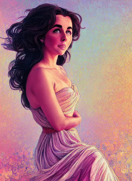 Image similar to elizabeth taylor detailed clothing, half body shot, arms down, path traced, highly detailed, high quality, digital painting, alena aenami, lilia alvarado, shinji aramaki, karol bak, alphonse mucha, tom bagshaw