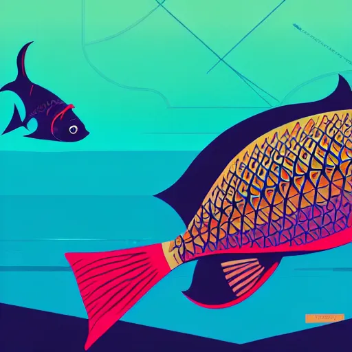 Image similar to profile of one stylized fish in center of view, dark ocean, complex patterns, artstation, intricate, realistic, highly detailed, digital painting, concept art, sharp focus, illustration by tom whalen and charles williams and kilian eng and james jean