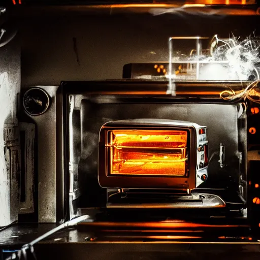 Image similar to cyborg toaster oven repairman, dark messy smoke - filled cluttered workshop, dark, dramatic lighting, orange tint, sparks, plasma rays, cinematic, highly detailed, sci - fi, futuristic, movie still