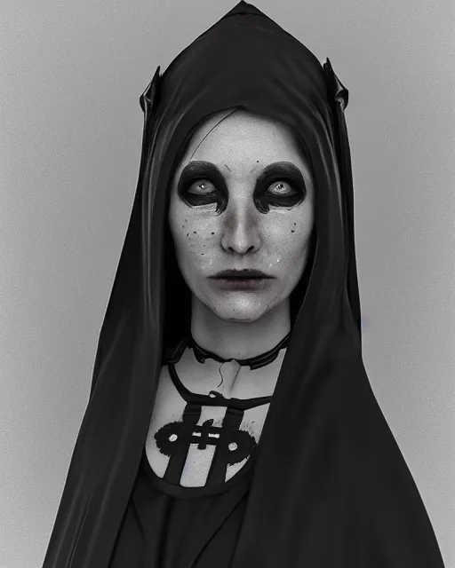 Image similar to headshot portrait of nightmare nun inspired by occult ritual, monstrous face, detailed, textured, realistic, unreal engine, cgsociety, cinematic lighting, concept art