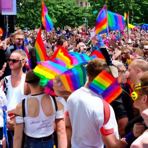 Prompt: putin at gay pride. leather chaps, joyful, carnival, floats, banners, dancing,
