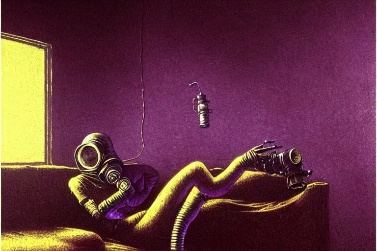 Prompt: girl with wearing a gas mask lying on the sofa reading a book in her room, in the style of beksinski, intricate and epic composition, purple by caravaggio, insanely quality, highly detailed, masterpiece, purple light, artstation, 4 k