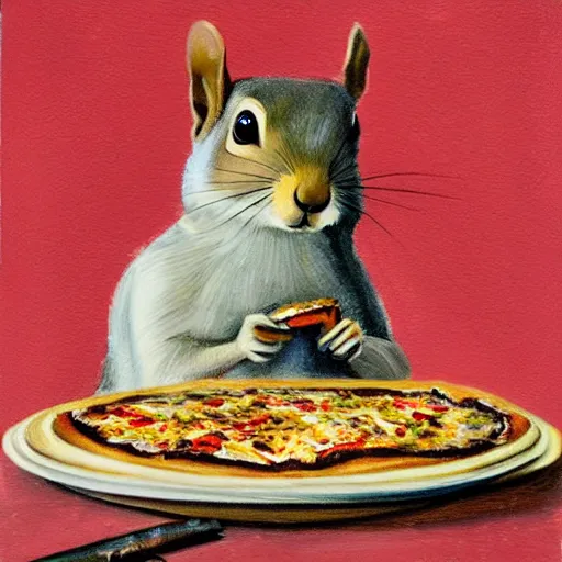 Image similar to a painting of a squirrel in kimono eating pizza in baroque style