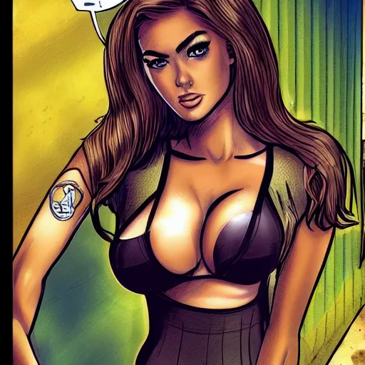 Image similar to mix of kate upton, yanet garcia, and salma hayek, attractive super spy infiltrating a base, digital comic art, full body shot, slim, tight fit, danger girl, sydney savage