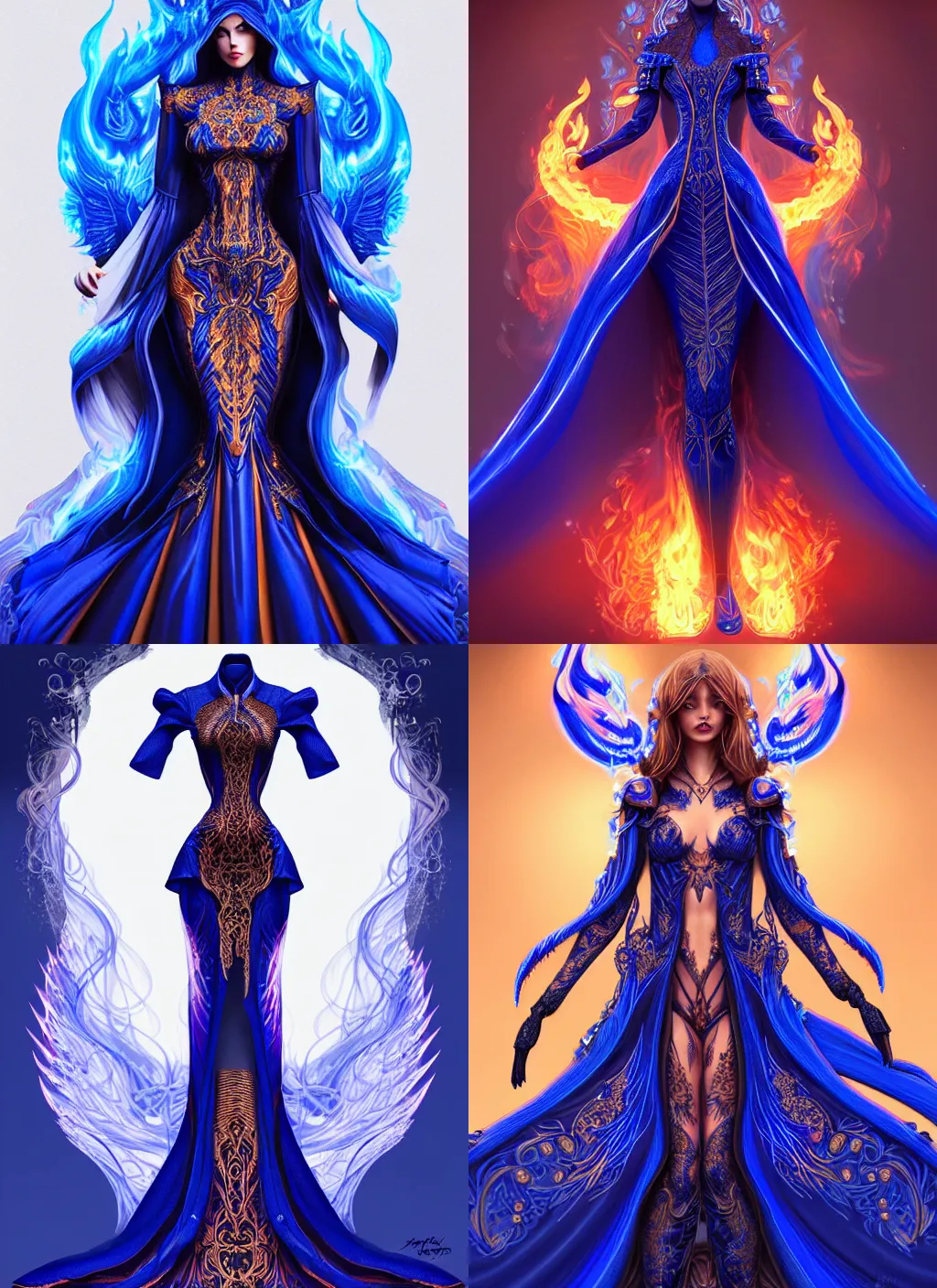 Prompt: dress made of brilliant royal blue flames, intricate detail, ornate, digital artwork by artgerm and wpol and sarasti, android jones, artstation