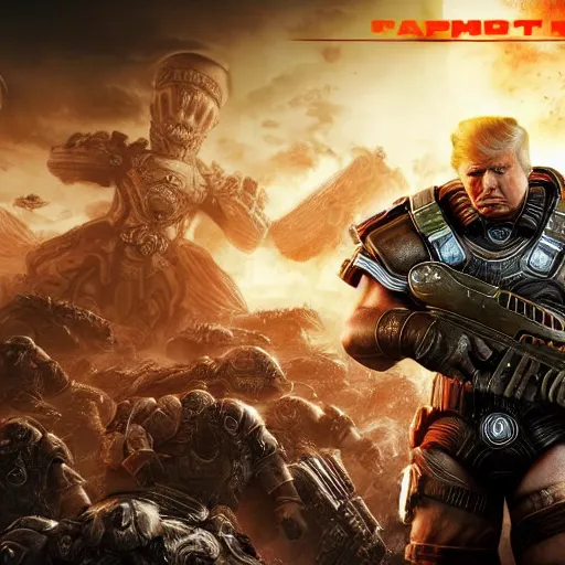 Prompt: Photo portrait of Donald Trump as Spartan in Gears of War, splash art, movie still, detailed face, photorealistic facial features, cinematic lighting, dramatic, octane render, long lens, shallow depth of field, bokeh, anamorphic lens flare, 8k, hyper detailed, 35mm film grain