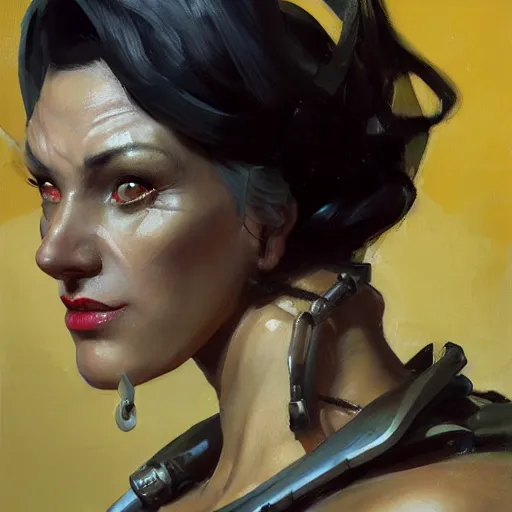 Image similar to greg manchess close - up portrait painting of a beautiful older female dieselpunk orc with olive green skin as an overwatch character, medium shot, asymmetrical, profile picture, organic painting, sunny day, matte painting, bold shapes, hard edges, street art, trending on artstation, by huang guangjian and gil elvgren and sachin teng
