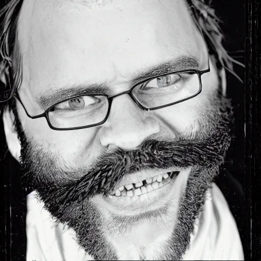 Prompt: Singing Tthhoomm Yyoorrkkee, with a beard and a black jacket, a portrait by John E. Berninger, dribble, neo-expressionism, uhd image, studio portrait, 1990s