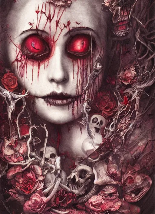 Prompt: Queen of Hearts, Alice in Wonderland, Death Tarot card,highly detailed,half skull face,cinematic,8k,by Stanley Artgermm,Tom Bagshaw,Greg Rutkowski,Carne Griffiths, Ayami Kojima, Beksinski, Giger,trending on DeviantArt,hyper detailed,horror, full of colour