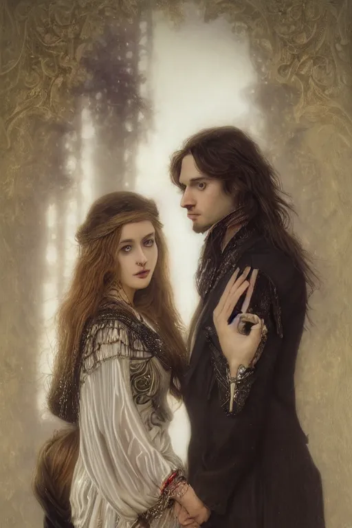 Image similar to a portrait of handsome young male rock star with long hair and his elegant beautiful bohemian wife, bored, illustration, dramatic lighting, soft details, painting oil on canvas, art nouveau, octane render, HDR, 4k, 8k, HD, by Edmund Blair Leighton, Brom, Charlie Bowater, trending on artstation, faces by Tom Bagshaw, Sargent