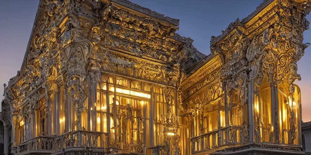 Image similar to extremely detailed ornate stunning sophisticated beautiful elegant victorian museum exterior by Henry Young Darracott Scott and Francis Fowke, stunning volumetric light, stainless steal, concrete, translucent material, beautiful sunset, tail lights