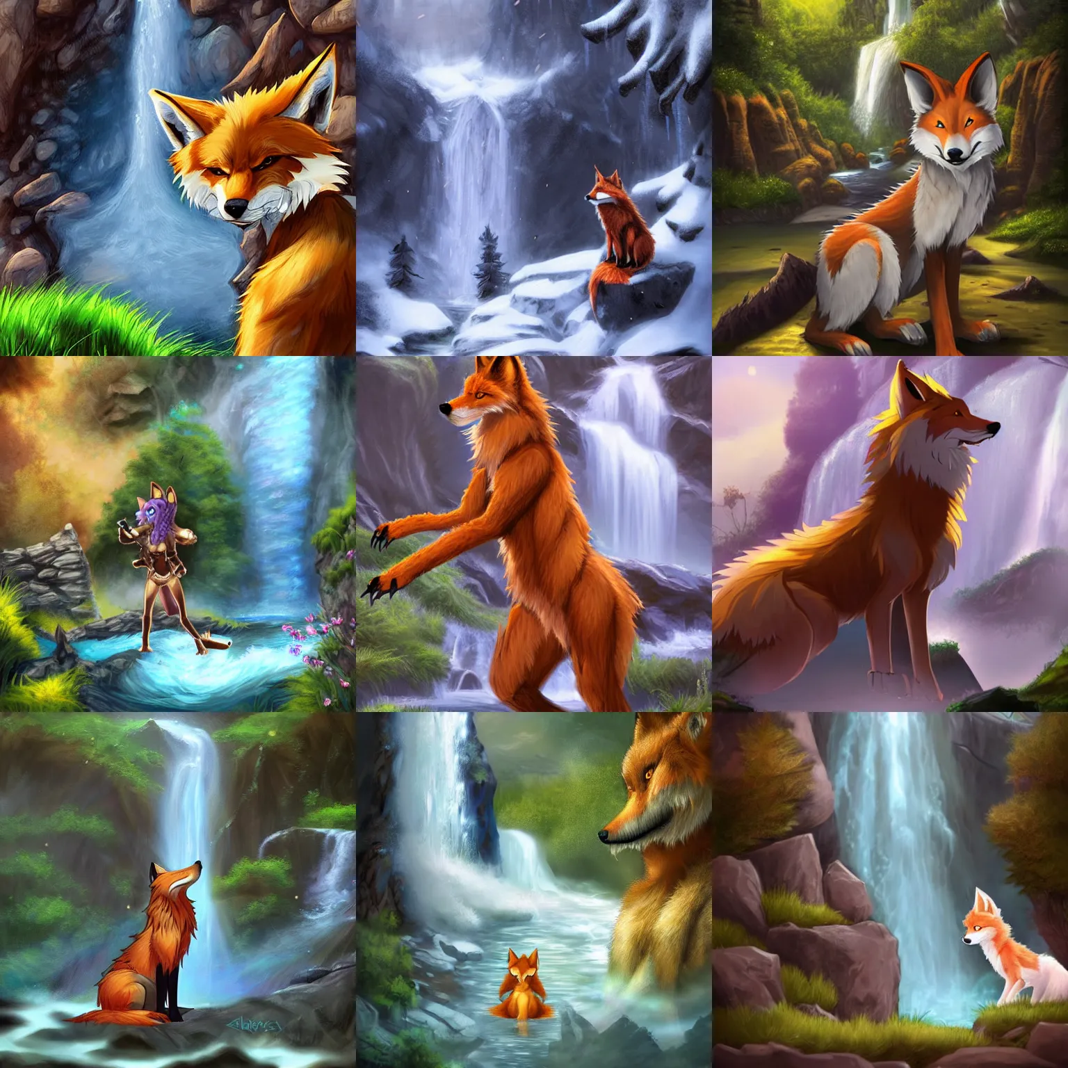 Prompt: fantasy furry art of an anthro!!!! werefox fursona!!!! standing up in front of a waterfall, photorealistic, award winning, FurAffinity