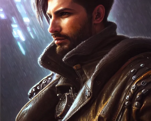 Prompt: highly detailed photorealistic man with a cyberpunk leather jacket, deep focus, d & d, fantasy, intricate, elegant, highly detailed, digital painting, artstation, concept art, matte, sharp focus, illustration, hearthstone, art by artgerm and greg rutkowski and alphonse mucha