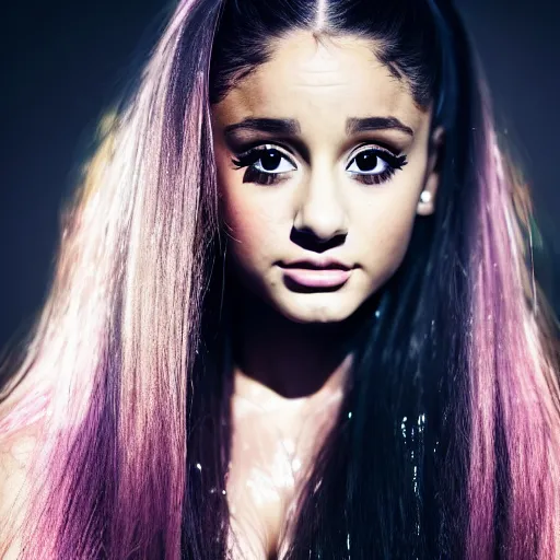 Image similar to Ariana Grande, grungy, unkept hair, glowing eyes, modelsociety, wet from rain, radiant skin, huge anime eyes, bright on black, dramatic, studio lighting, perfect face, intricate, Sony a7R IV, symmetric balance, polarizing filter, Photolab, Lightroom, 4K, Dolby Vision, Photography Award