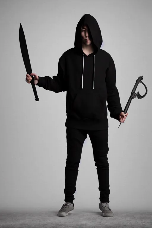 Prompt: a full body shot of a man in a black hoodie holding a dagger