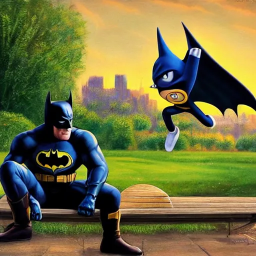 Prompt: Highly detailed painting of Batman and highly detailed Sonic on a bench in the park, full body, sonic, batman, green grass, sunset, hyperrealistic, highly detailed, by Greg Rutkowski and Max Bedulenko, unreal engine