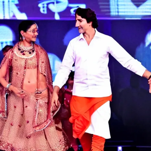 Image similar to Justin Trudeau dancing with Narendra Modi in bollywood costume