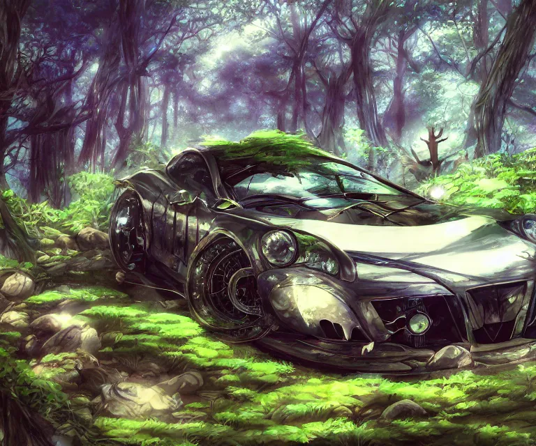 Image similar to car in a forest, anime fantasy illustration by tomoyuki yamasaki, kyoto studio, madhouse, ufotable, comixwave films, trending on artstation