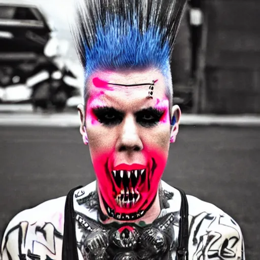 Image similar to neonpunk anarchist with mohawk and cyber implants on face, fuming, angry, grinning