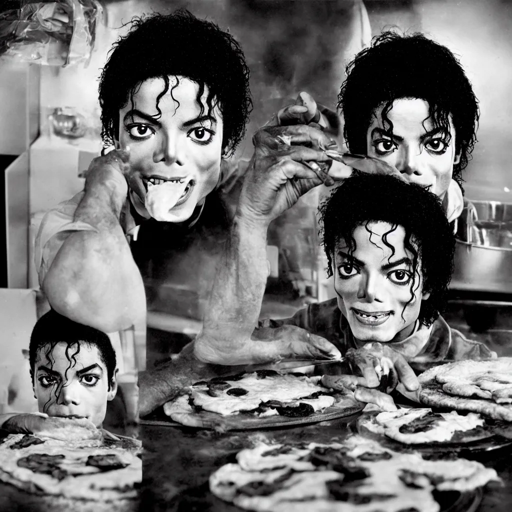 Image similar to award winning photo of michael jackson baking pizza from children, vivid colors, happy, symmetrical face, beautiful eyes, studio lighting, wide shot art by Sally Mann & Arnold Newman