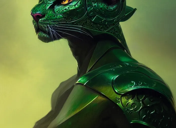 Image similar to portrait of a green panther, d & d, armour! fantasy, intricate, elegant, highly detailed, digital painting, artstation, concept art, smooth, sharp focus, illustration, art by artgerm and greg rutkowski and alphonse mucha