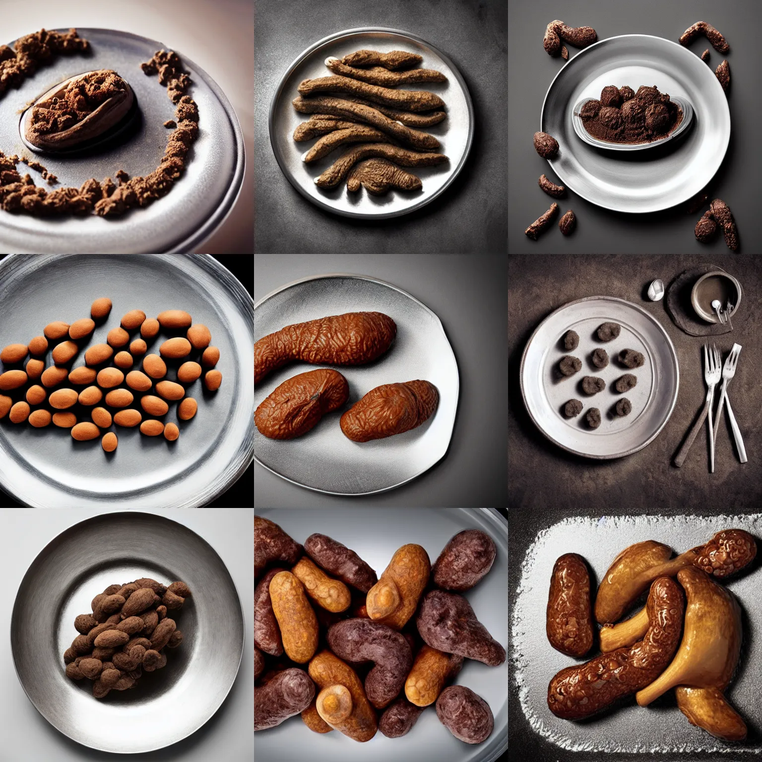 Prompt: hyperrealistic feces on a silver platter, food photography for food digest