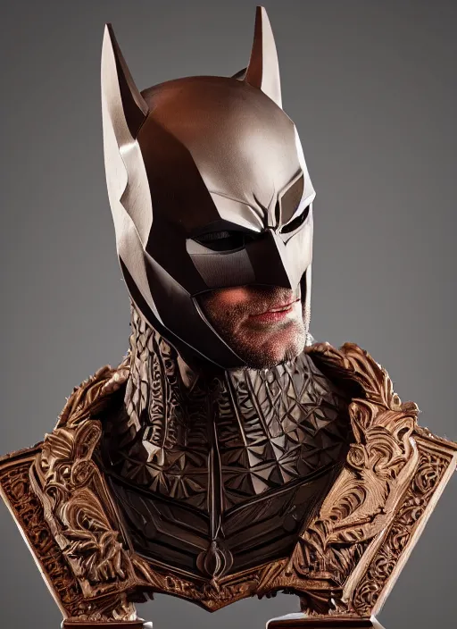 Image similar to high intricate bust of an batman carved from wood in baroque style, studio light, maria panfilova, andrea savchenko, mike kime, ludovic plouffe, qi sheng luo, oliver cook, trending on artstation