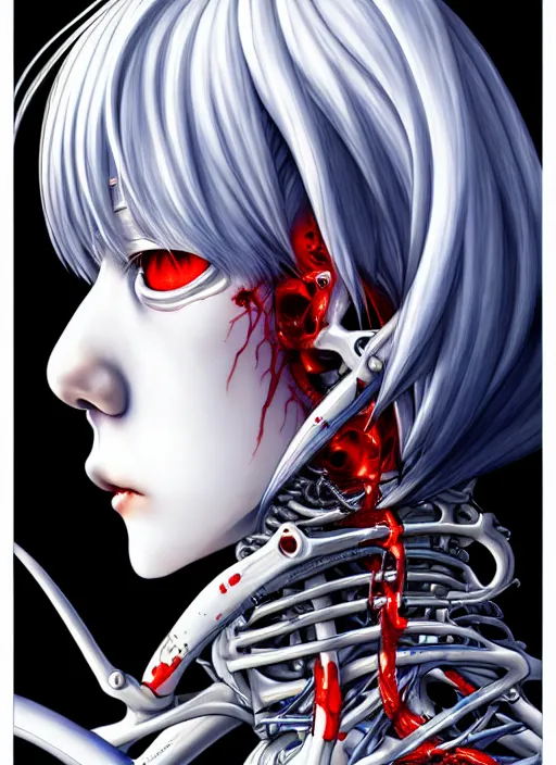 Image similar to Rei Ayanami by Yoshitaka Amano, by HR Giger, biomechanical, profile portrait, 4k, wide ayes, hyper detailed, hyperrealism, anime, a Blood Moon rising on a Broken World 4k very detailed deviantart artstation