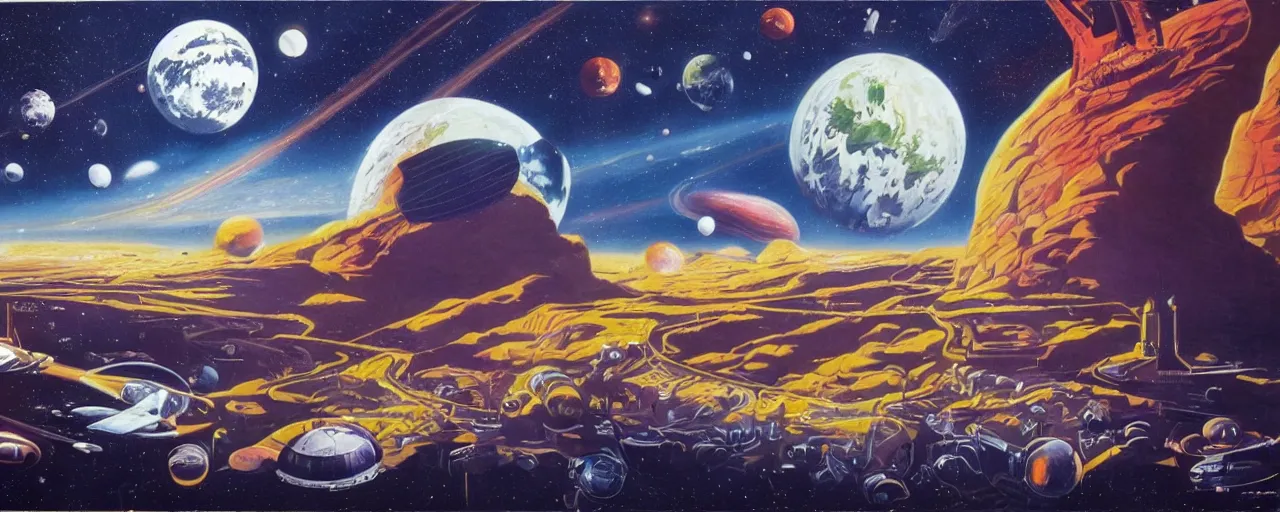 Prompt: a beautiful future for space program, astronauts and space colonies, utopian, by david a. hardy, wpa, public works mural