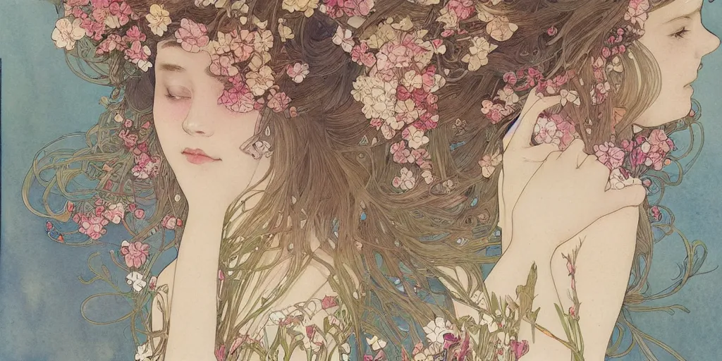 Prompt: a beautiful intricate watercolor illustration of a girl with flowers,, 4 k, ultra - wide angle, by william turner, by victo ngai, by alphonse mucha, by miho hirano, by moebius, hd, trending on artstation, hyper detailed, muted intense colors