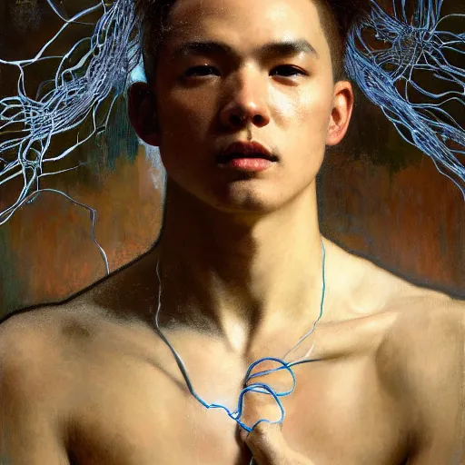 Image similar to hyperrealist portrait of elijah zu bailey, it is decorated with long wires that fall like vines and wears small computers over their body. by jeremy mann and alphonse mucha, fantasy art, photo realistic, dynamic lighting, artstation, poster, volumetric lighting, very detailed faces, 4 k, award winning